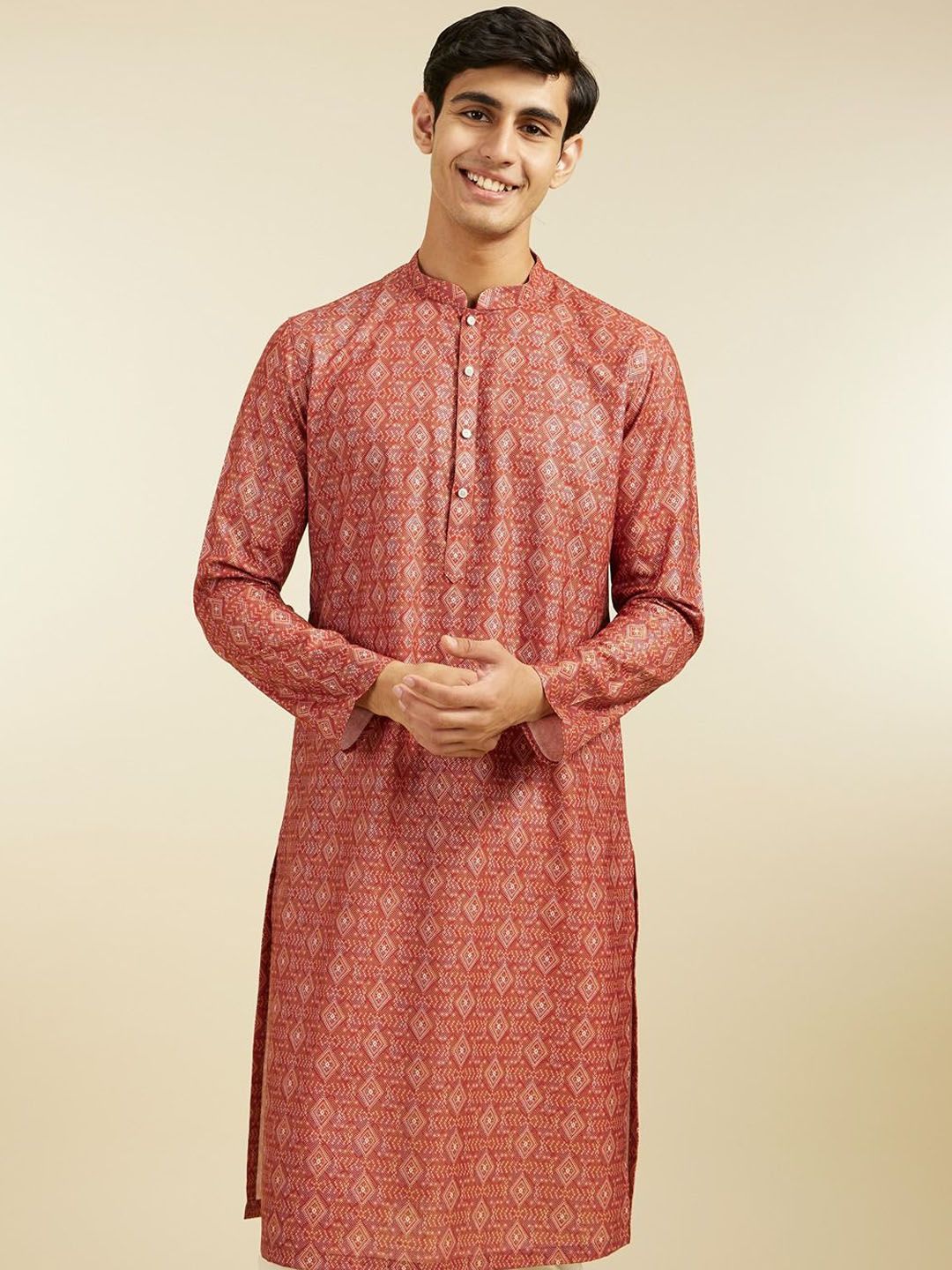 Diwas by Manyavar Geometric Printed Mandarin Collar Cotton Straight Kurta