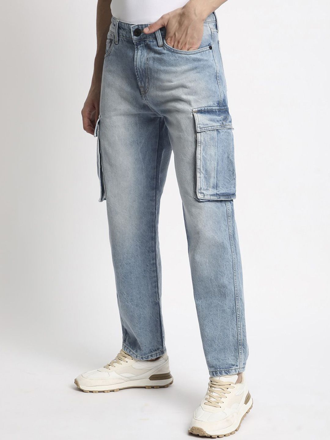 Bene Kleed Men Classic Relaxed Fit Light Fade Pure Cotton Cargo Jeans