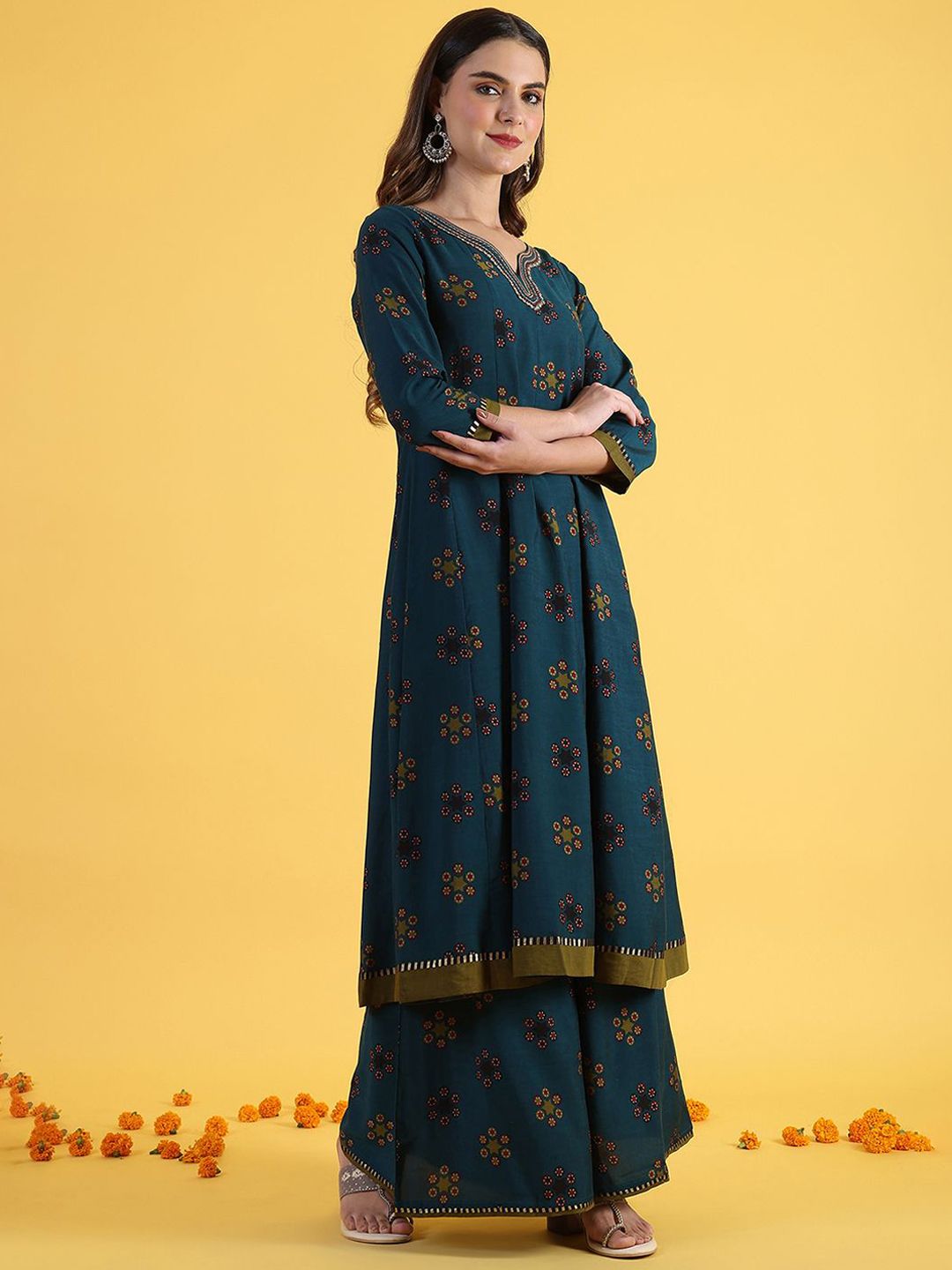 W Blue Ethnic Motifs Printed Notch Neck A-Line Kurta With Palazzos And Dupatta