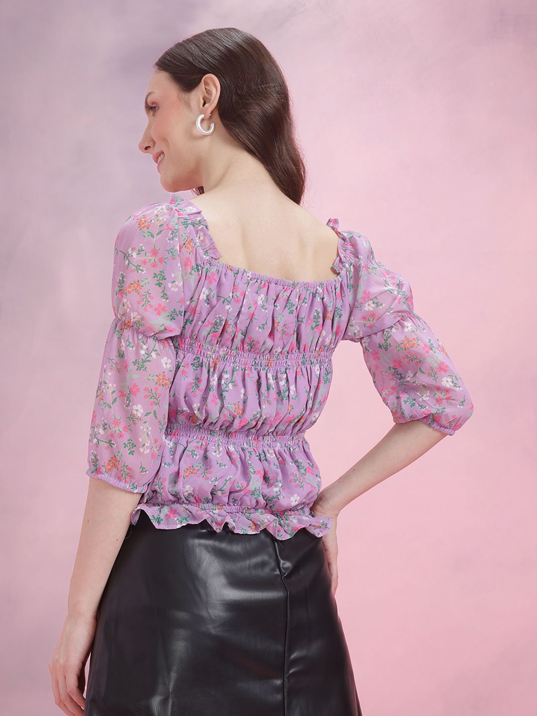 DressBerry Floral Print Smocked Puff Sleeve Top