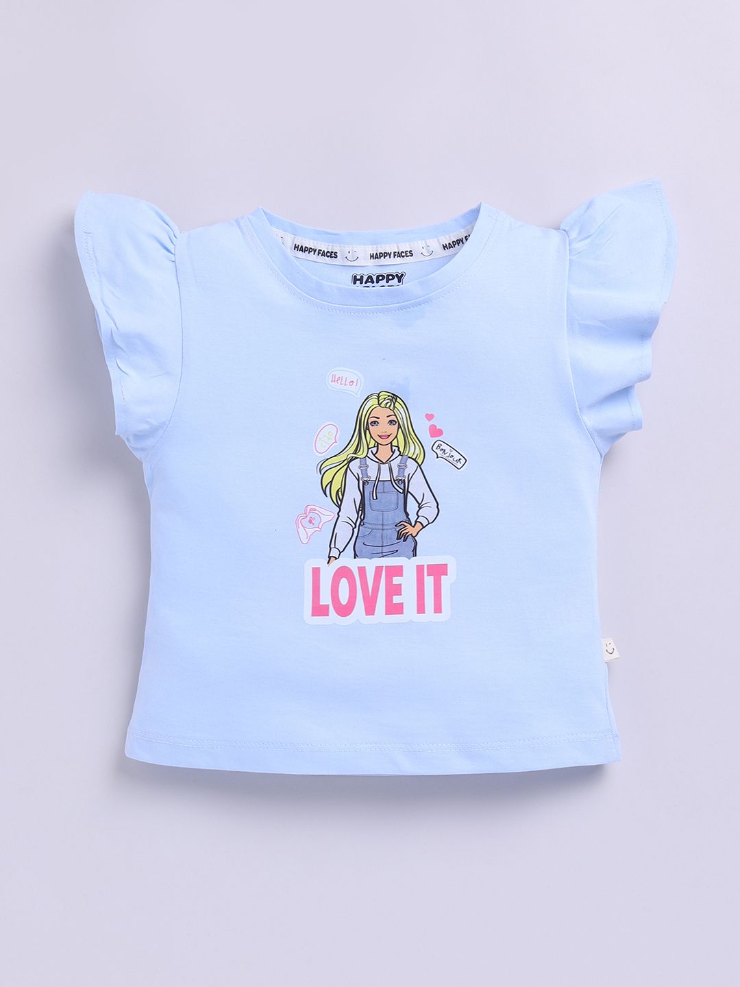 Happy Faces Kids Girls Barbie Printed Flutter Sleeve Pure Cotton Top