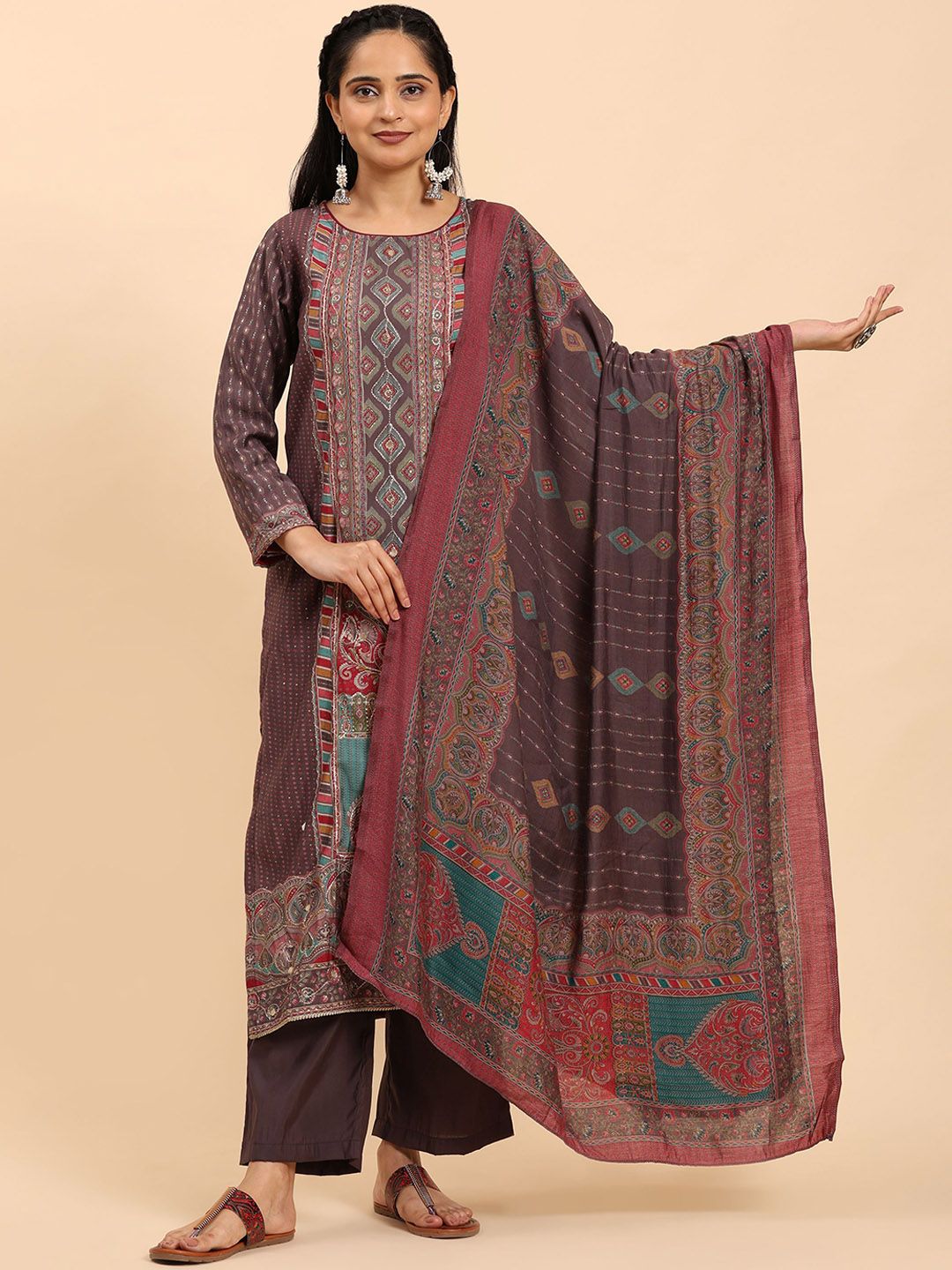 Kurta Kapas Tulen Biasa Mamicha Sulam Bunga dengan Palazzos & Dupatta