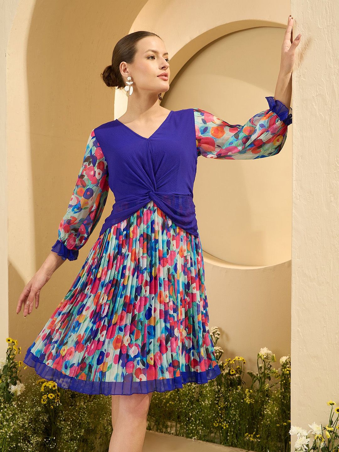 Antheaa Floral Print Chiffon Fit & Flare Dress