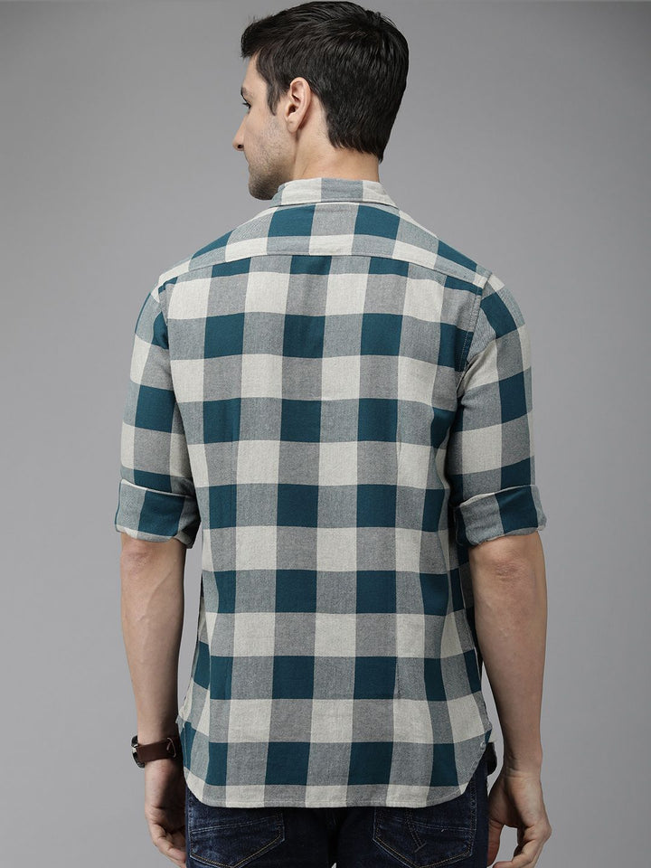 THE BEAR HOUSE Men Teal Blue Pure Cotton Checked Slim Fit Flannel Shirt