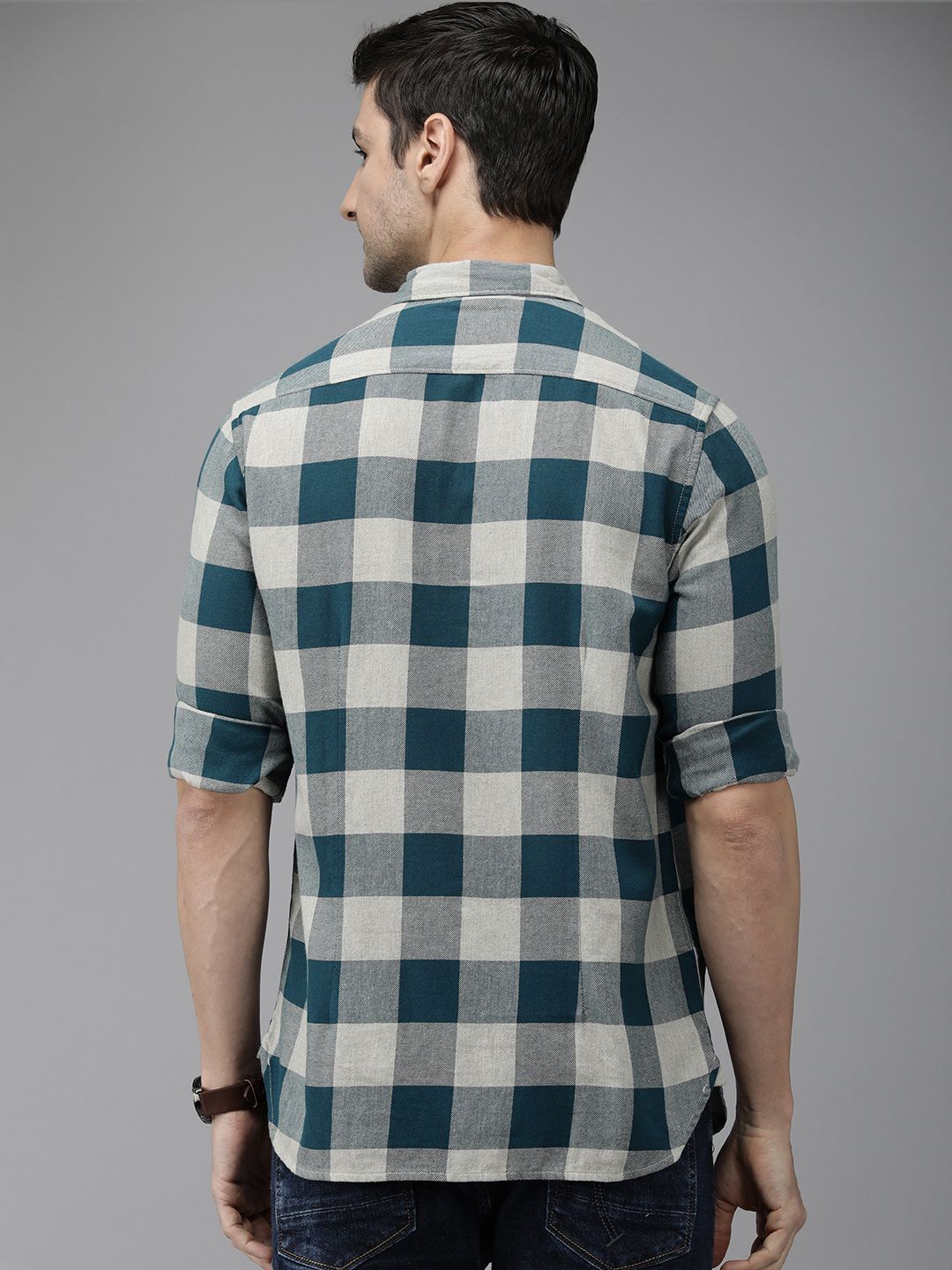THE BEAR HOUSE Men Teal Blue Pure Cotton Checked Slim Fit Flannel Shirt