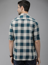 THE BEAR HOUSE Men Teal Blue Pure Cotton Checked Slim Fit Flannel Shirt