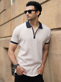 Powerlook Men Beige Contrast Collar Zipper T-Shirt