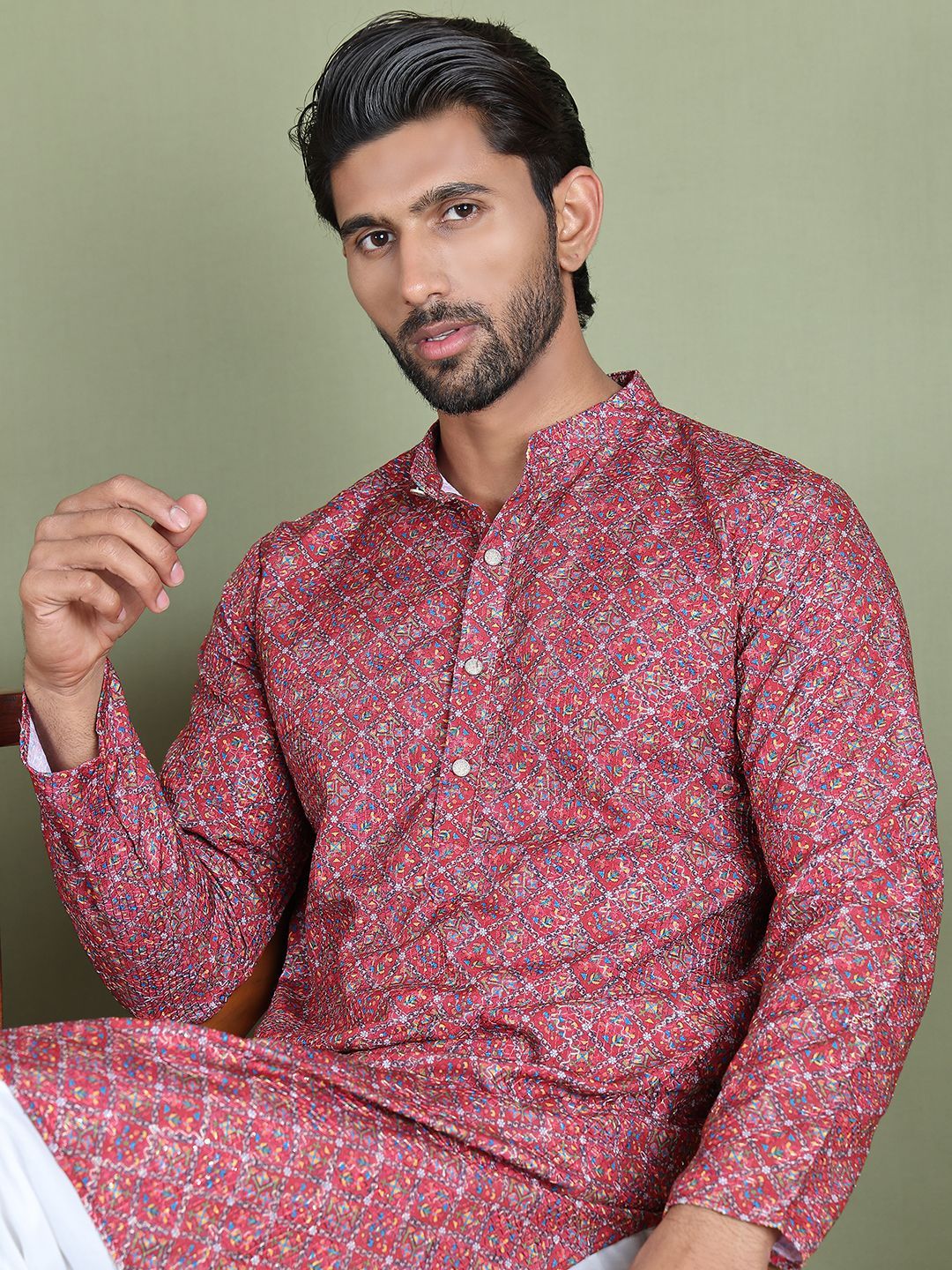 Jompers Ethnic Printed Sequinned Mandarin Collar Kurta