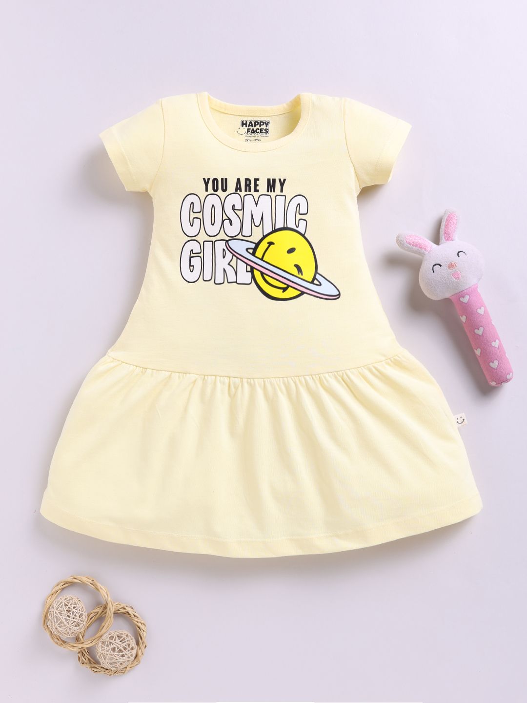 Happy Faces Girls Smiley Print Pure Cotton Fit & Flare Dress