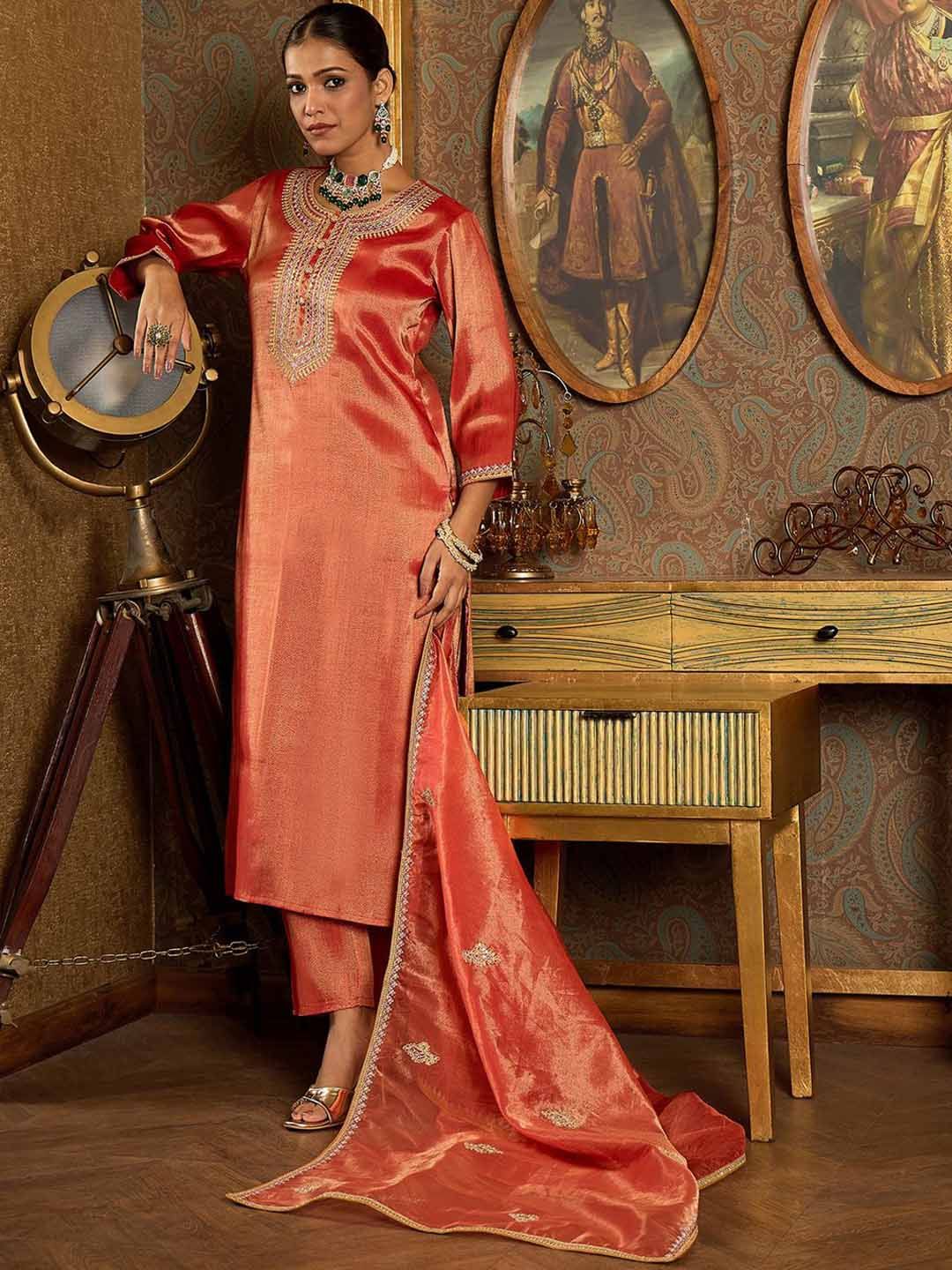 Indo Era Ethnic Motifs Embroidered Zari Liva Kurta With Trousers & Dupatta