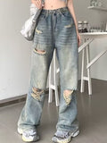DressBerry Women Wide Leg Highly Distressed Heavy Fade Cotton Jeans