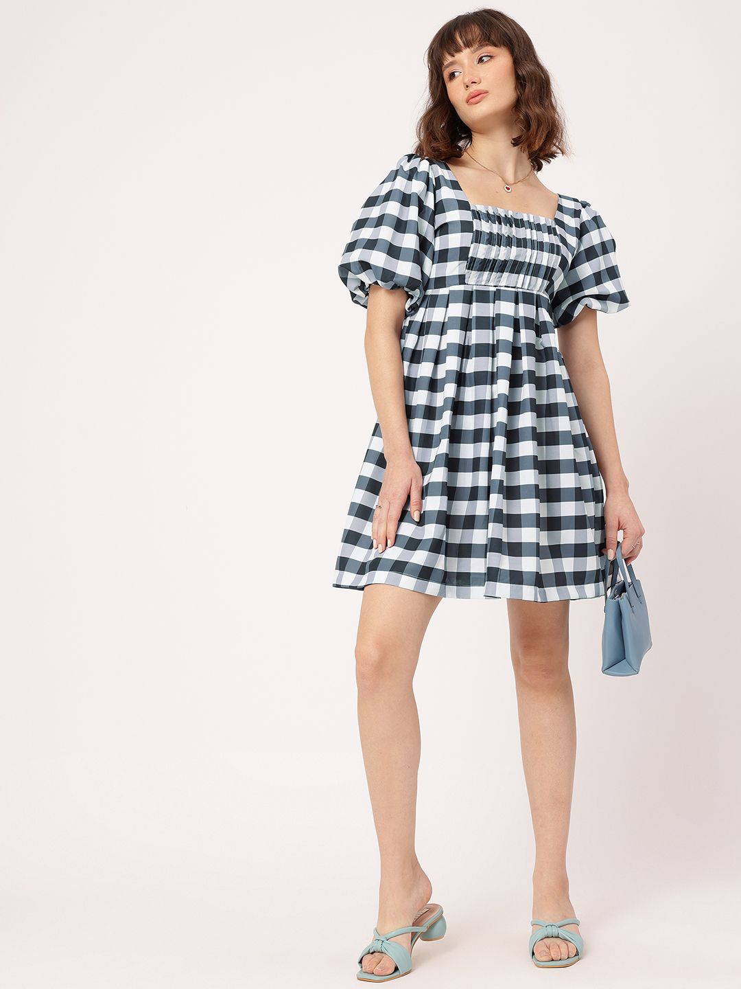 DressBerry Charming & Sassy Puff-Sleeve Monochrome A-Line Mini Dress