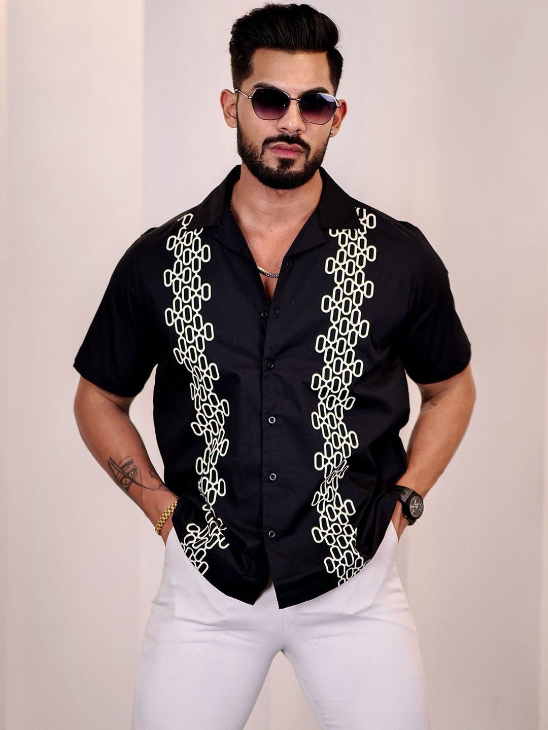 Baju Kasual Kapas Kolar Cuba Eszett Geometric Printed
