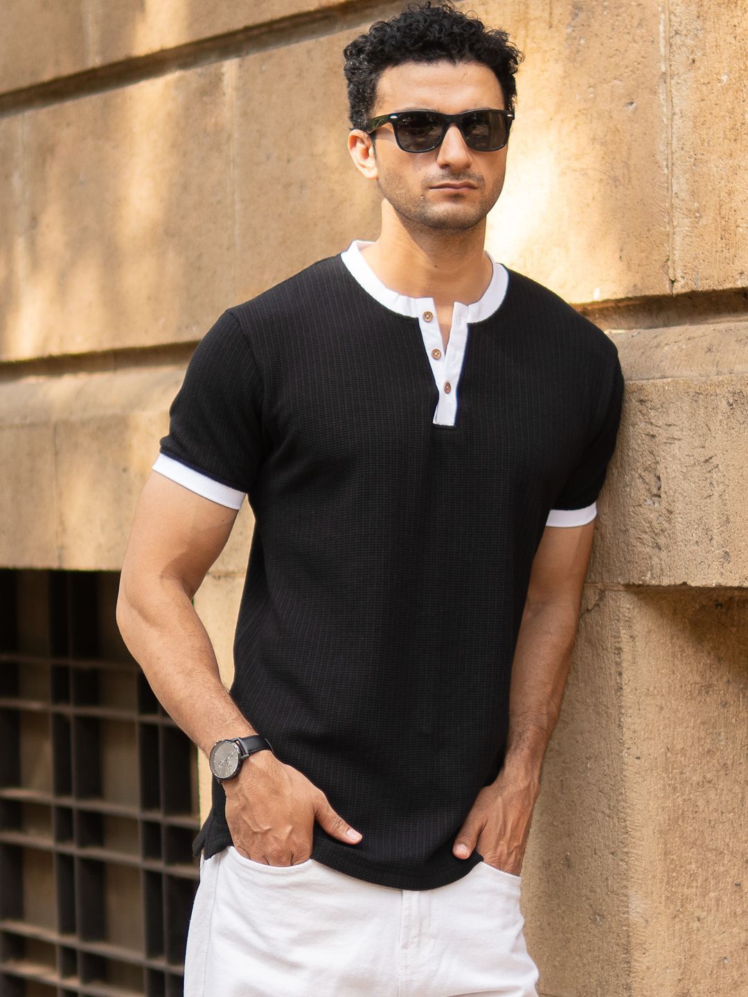 Powerlook Men Black Contrast Henley T-Shirt