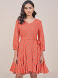 Global Desi Women Orange Printed A-Line Long Puff Sleeves V Neck Ethnic Dresses