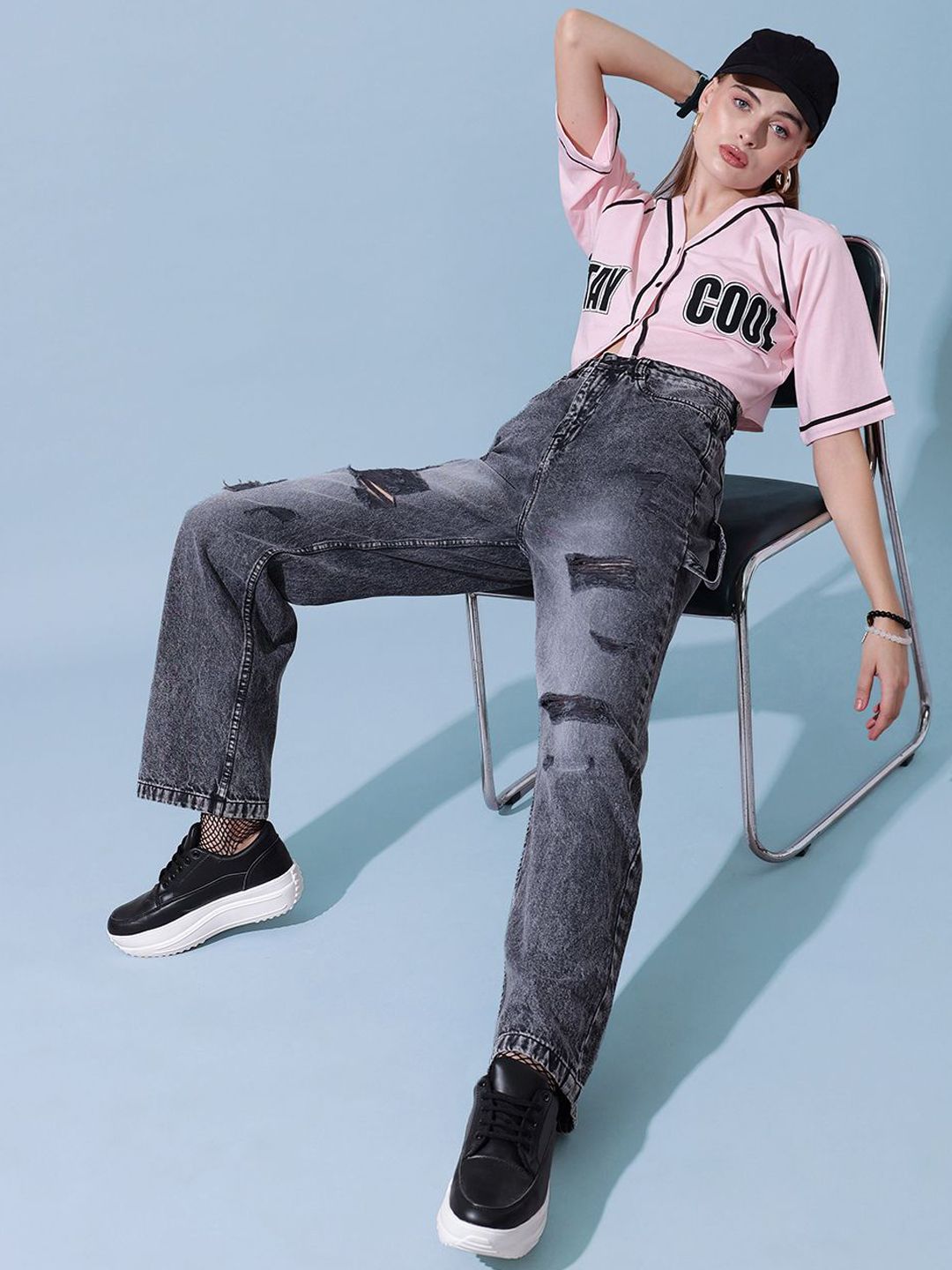 STREET 9 Women Comfort Relaxed Fit Slash Knee Heavy Fade Jeans