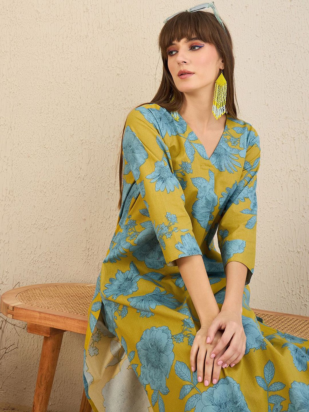 Indo Era Floral Printed V-Neck A-Line Kurta with Trousers