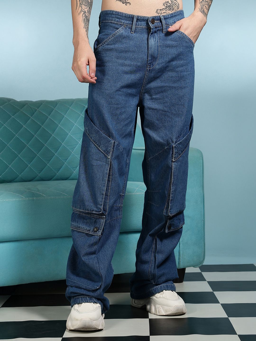 Seluar Jeans Denim Kargo Mudah Dicuci Eszett Lelaki Bersantai Fit Bertingkat Tinggi