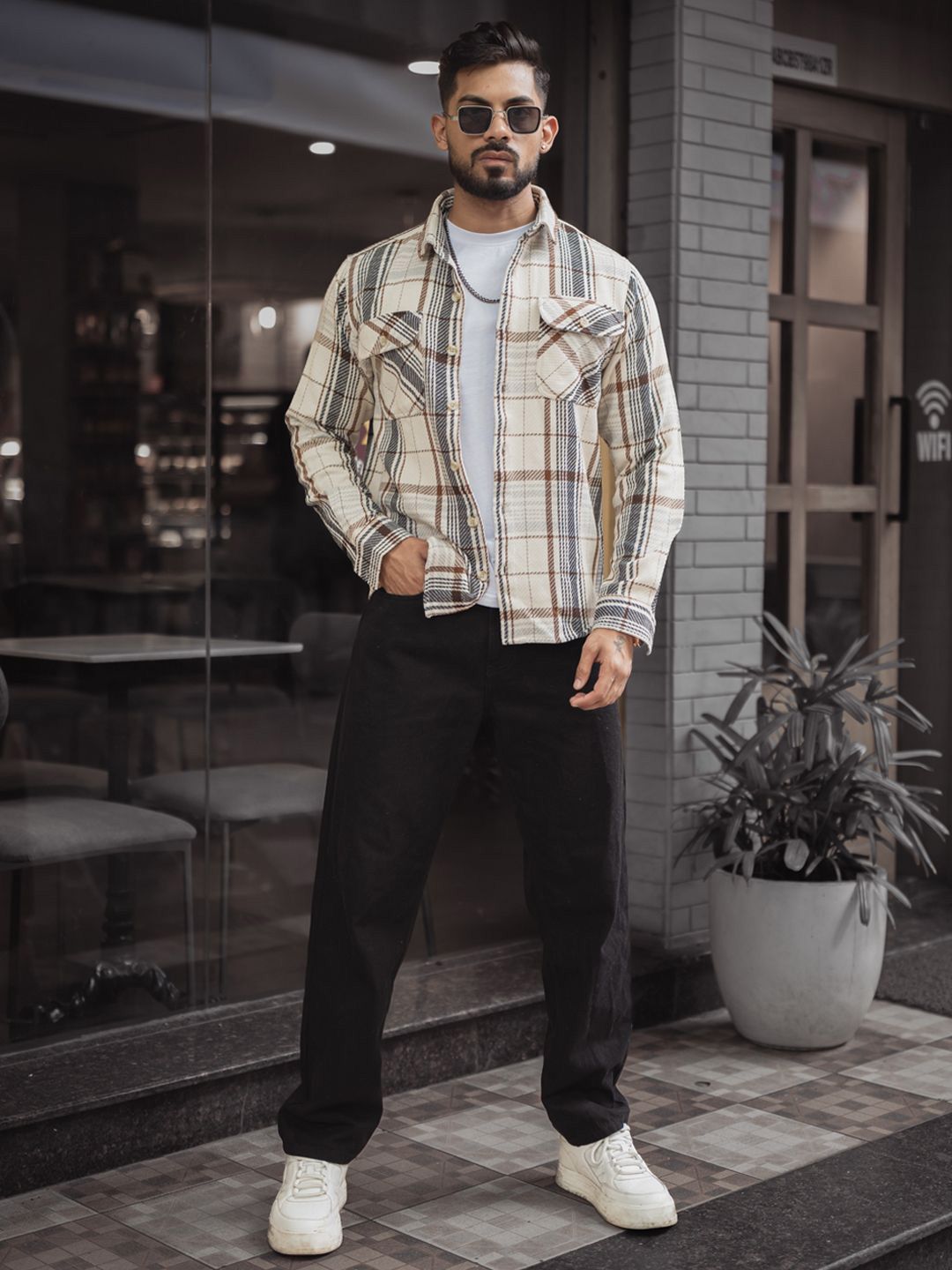 Powerlook Men Spread Collar Tartan Checked Cotton Casual Shirt