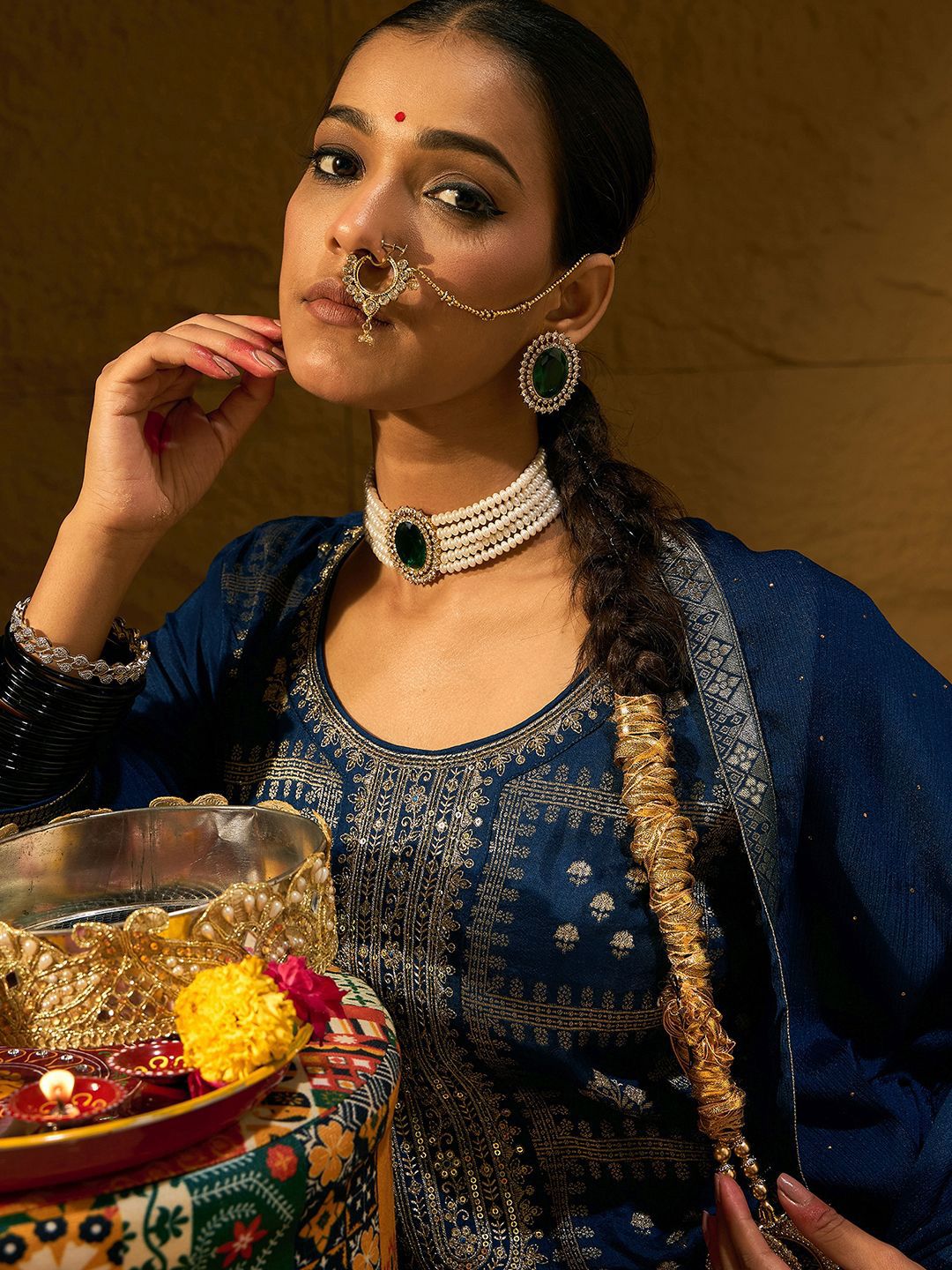 Indo Era Ethnic Motifs Embroidered Zari Straight Kurta with Trousers & Dupatta