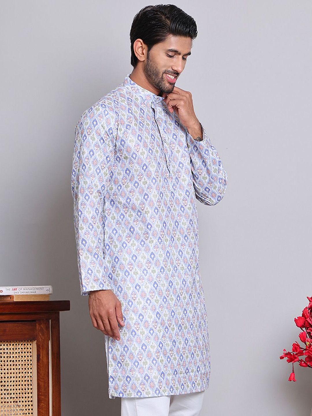 Jompers Geometric Printed Mandarin Collar Straight Kurta