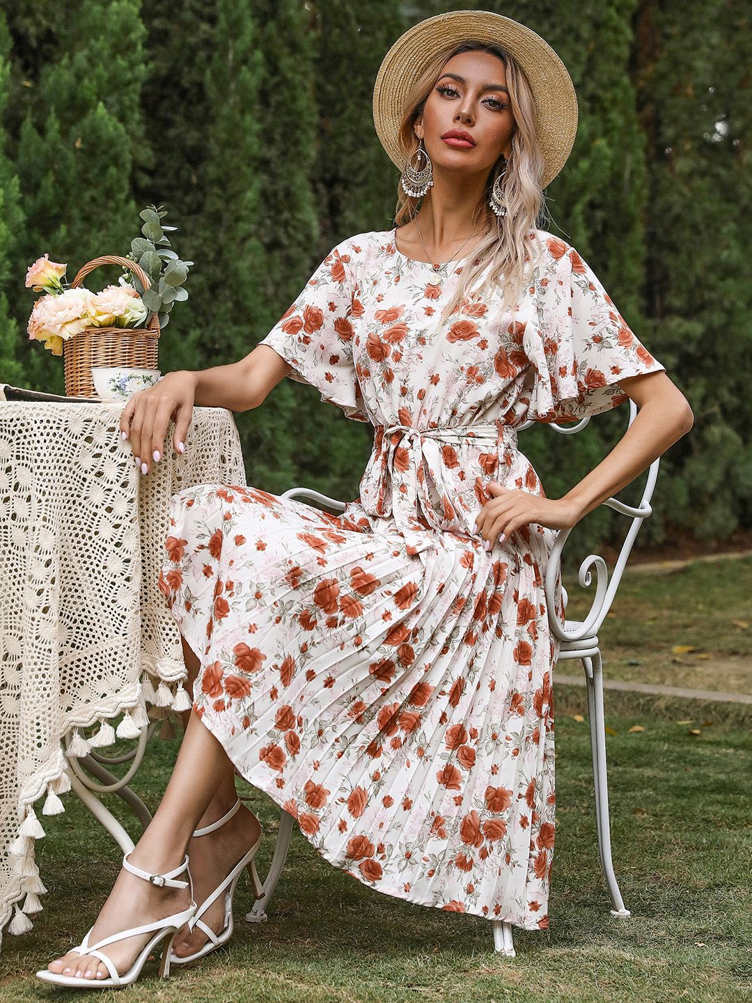 DressBerry Floral Print Belted A-Line Midi Dress