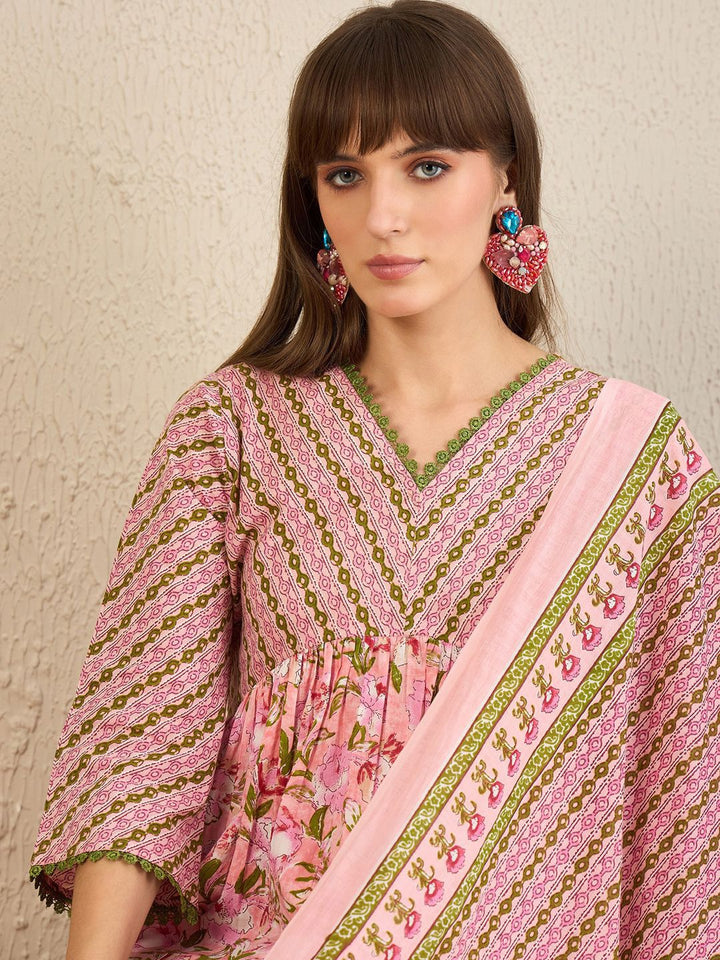 Indo Era Floral Printed Empire Pure Cotton A-Line Kurta With Trousers & Dupatta