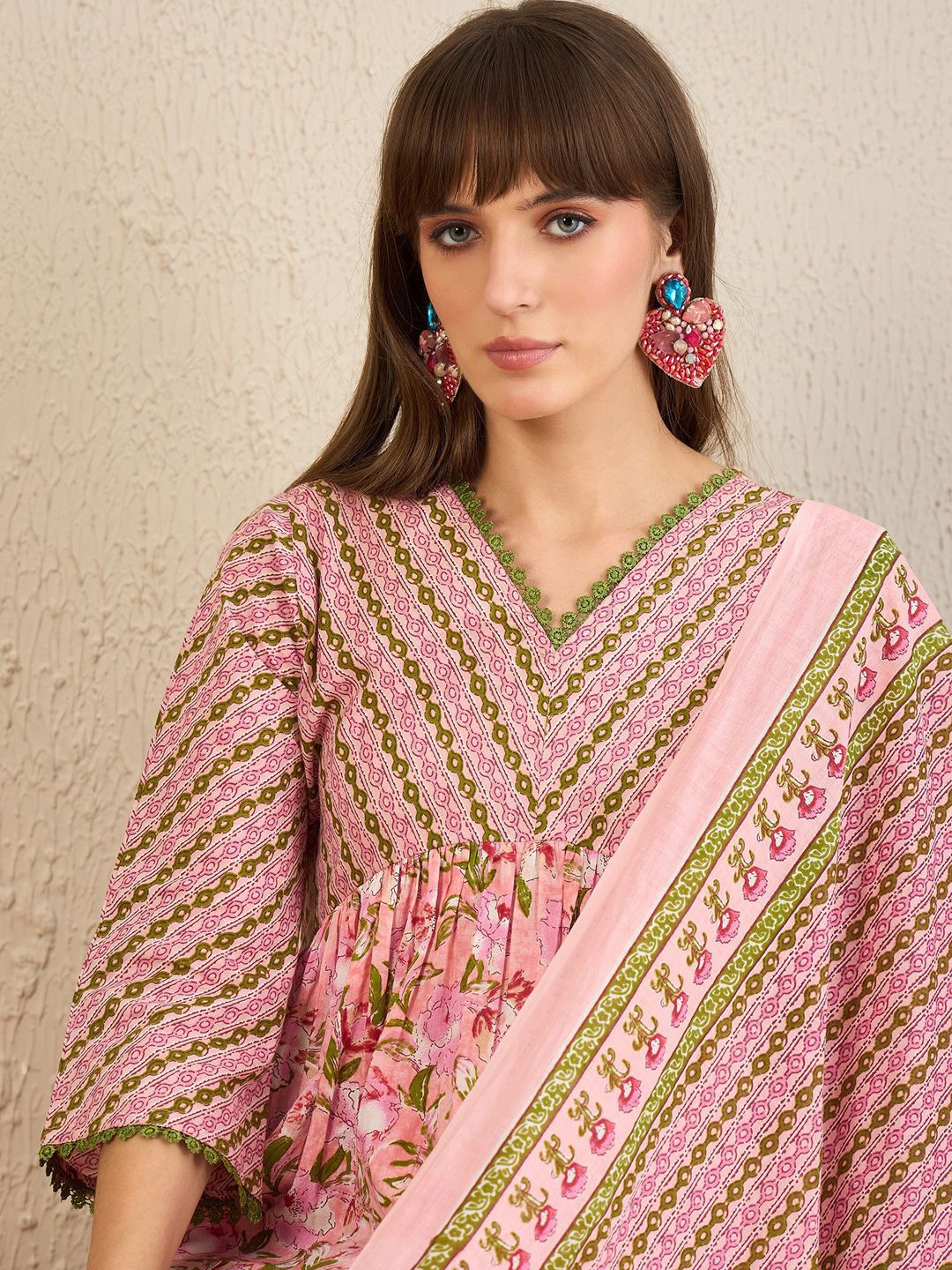 Indo Era Floral Printed Empire Pure Cotton A-Line Kurta With Trousers & Dupatta