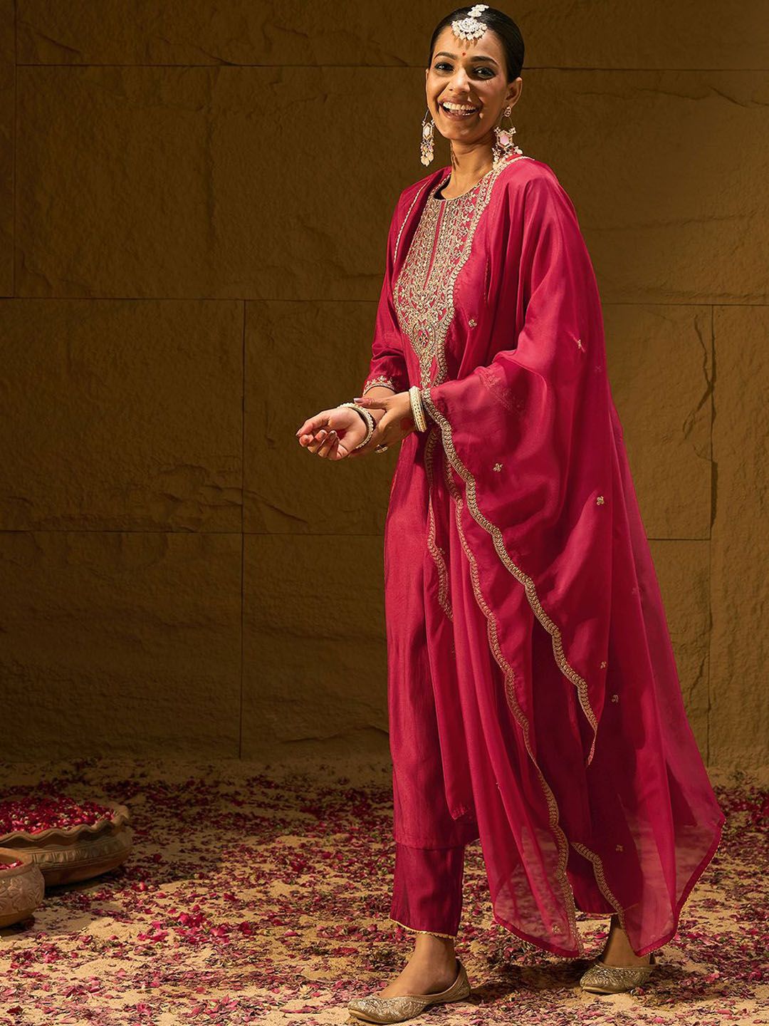 Indo Era Ethnic Motifs Yoke Design Thread Work Liva Straight Kurta With Trousers & Dupatta