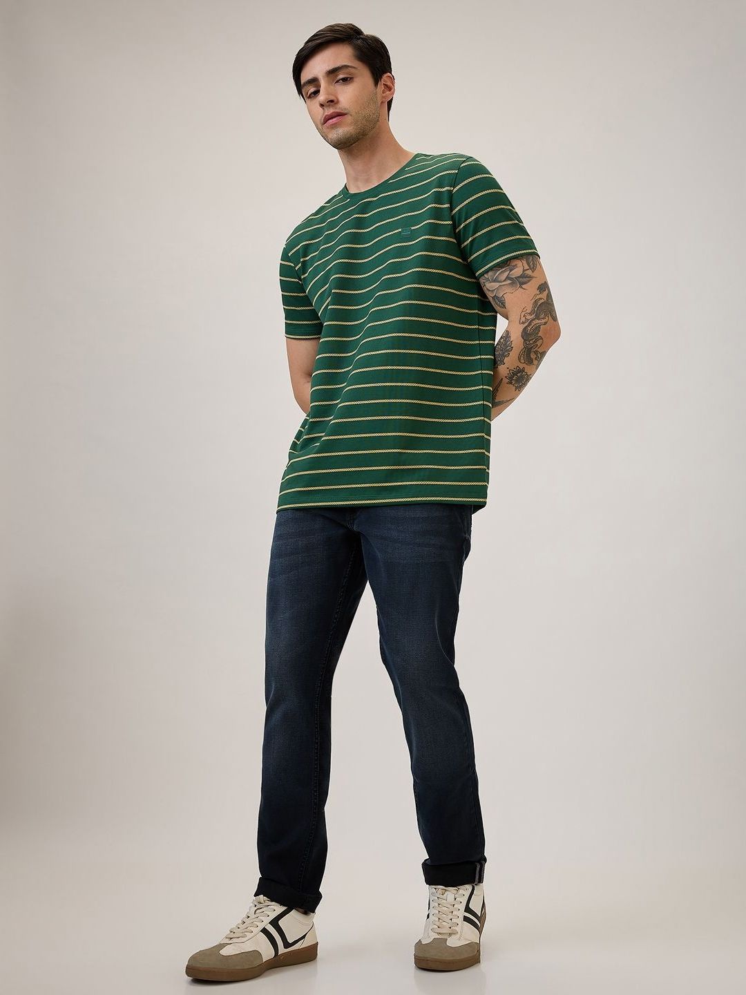 SPYKAR Men Striped Round Neck Cotton Slim Fit T-shirt