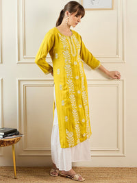 Indo Era Floral Embroidered Notch Neck Thread Work Straight Kurta
