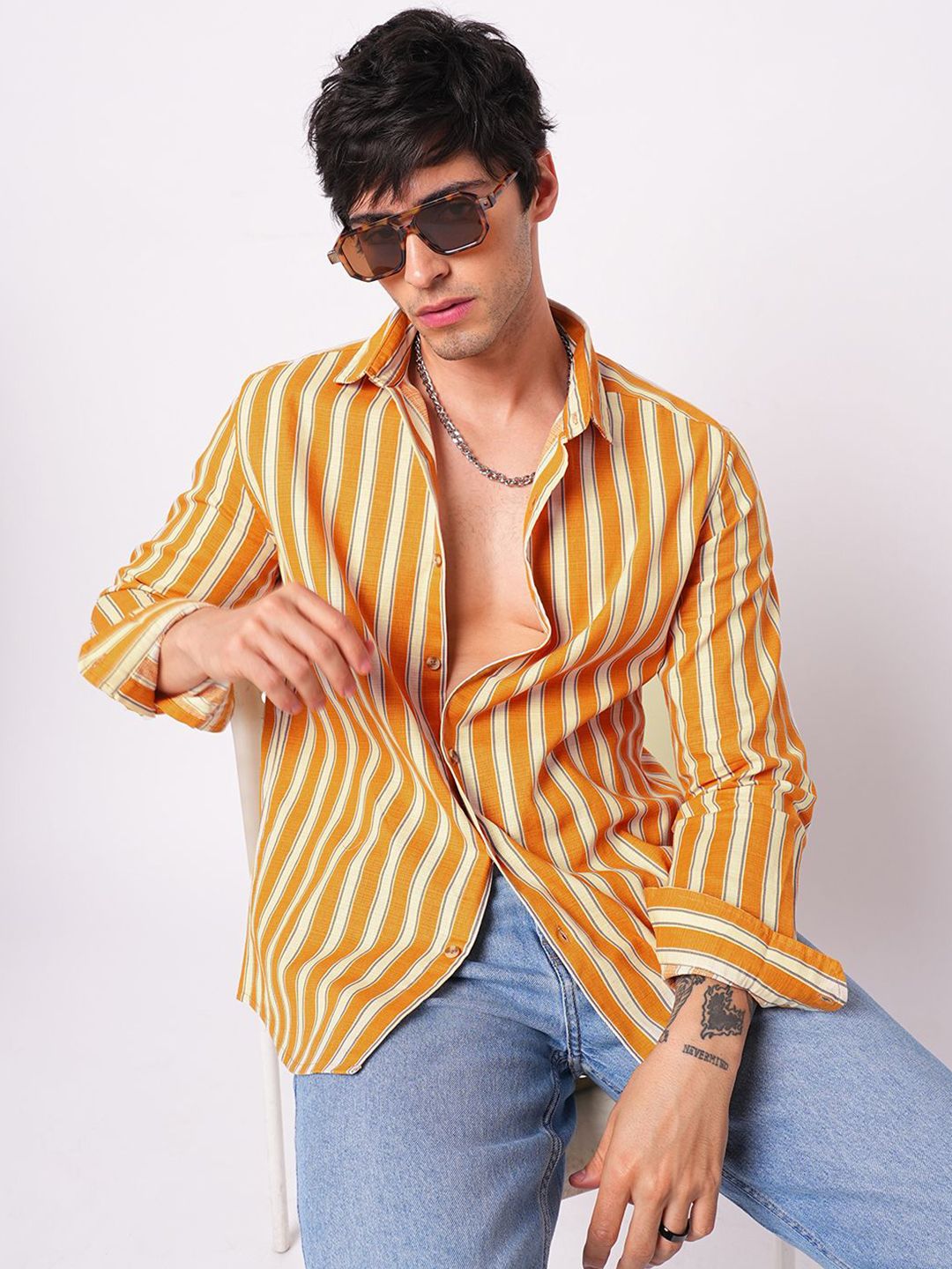 VASTRADO Classic Vertical Striped Slim Fit Cotton Casual Shirt