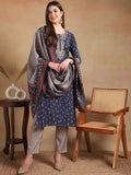 KALINI Floral Embroidered Zari Straight Silk Blend Kurta With Trousers & Dupatta