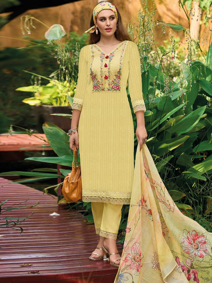 Indo Era Yellow Floral Embroidered Thread Work Pure Cotton Kurta with Trouser &  Dupatta