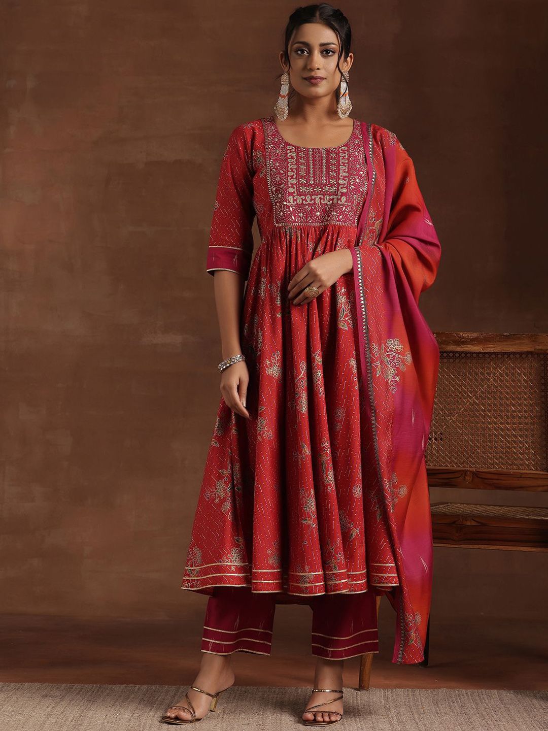 Libas Floral Printed Pleated Mirror Work Anarkali Kurta with Trousers & Dupatta
