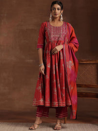 Libas Floral Printed Pleated Mirror Work Anarkali Kurta with Trousers & Dupatta