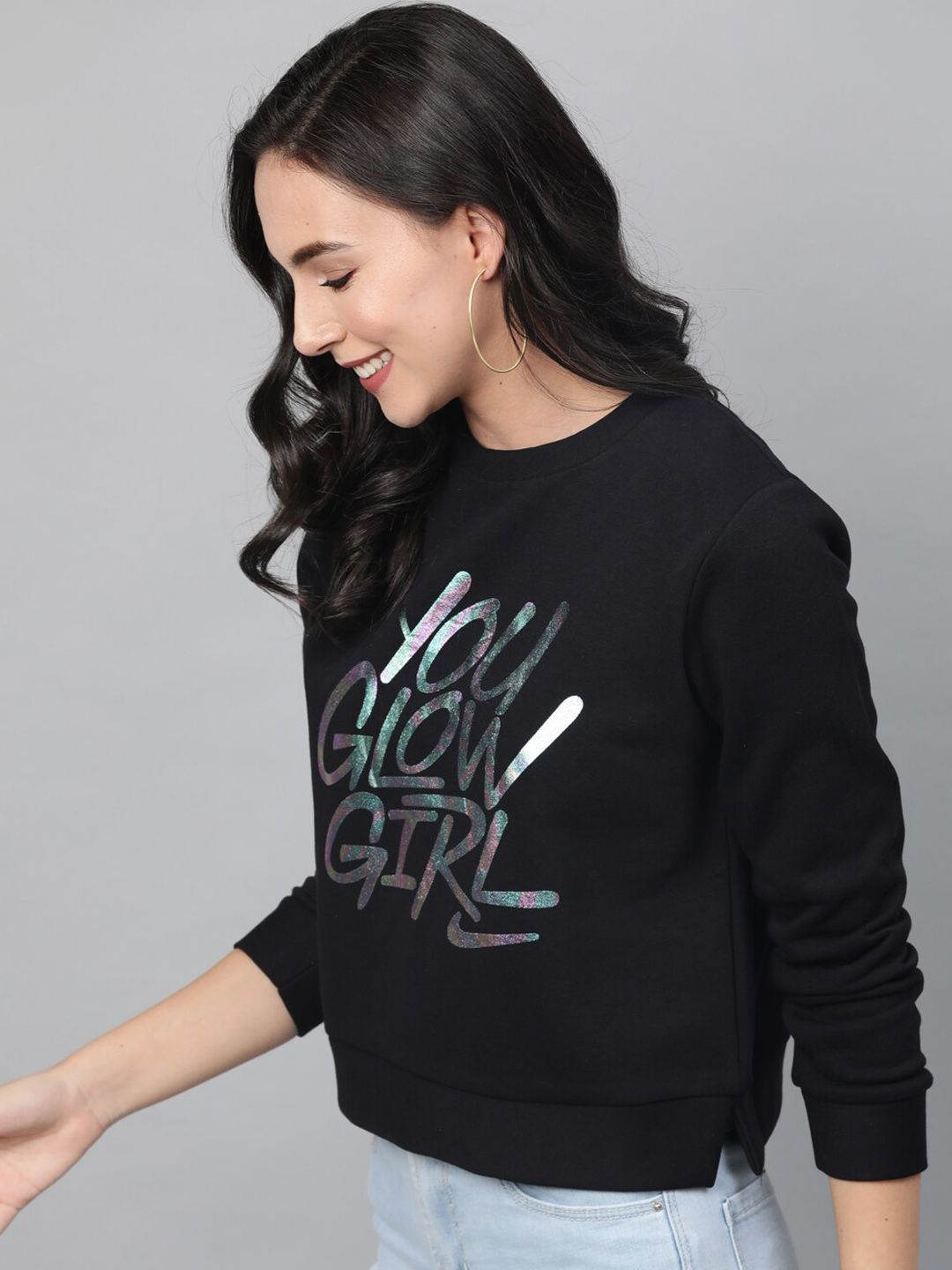 STREET 9 Women Black & White Printed Sweatshirt