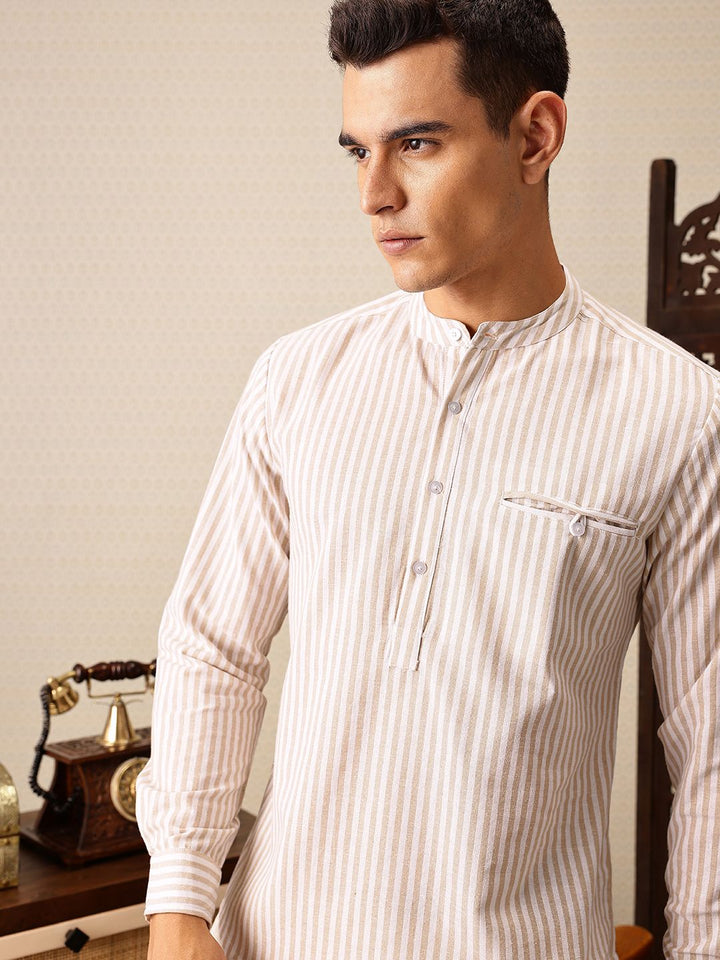 House of Pataudi Striped Band Collar Rozana Kurta