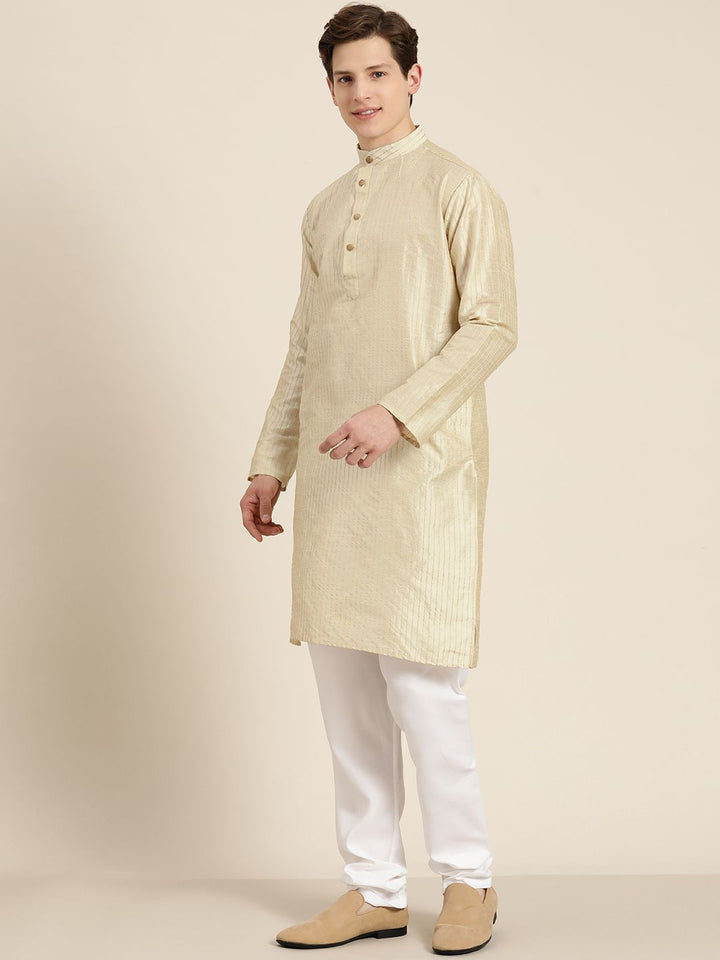 SOJANYA Men Cream-Coloured Striped Thread Work Straight Kurta Churidar & Nehru Jacket