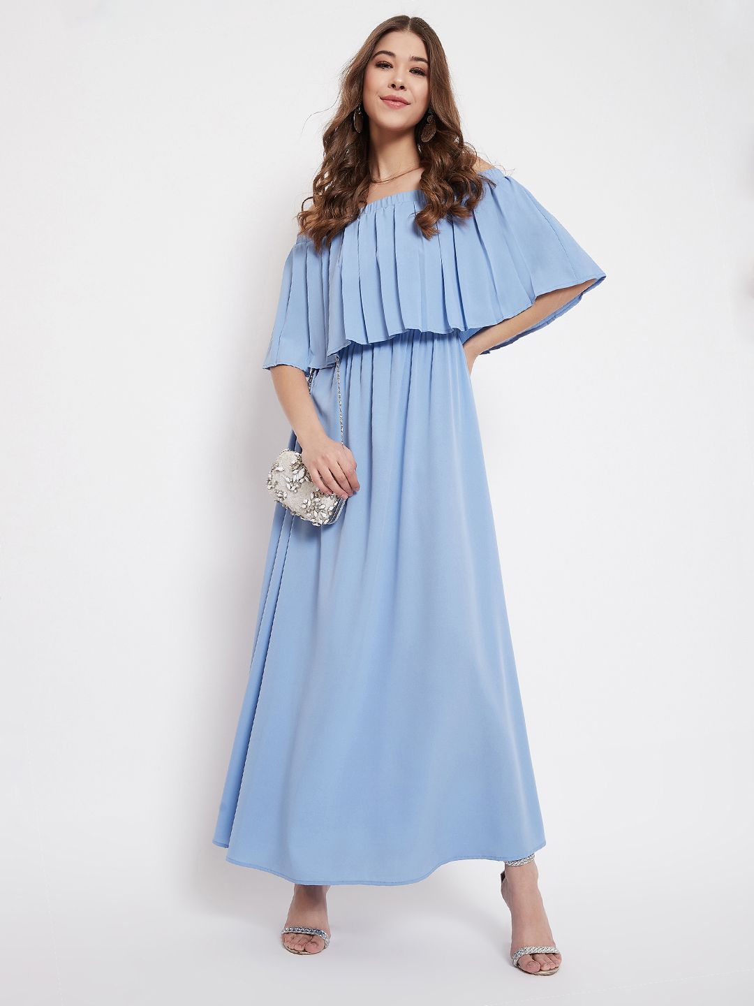 Berrylush Women Blue Solid Off Shoulder Maxi Dress