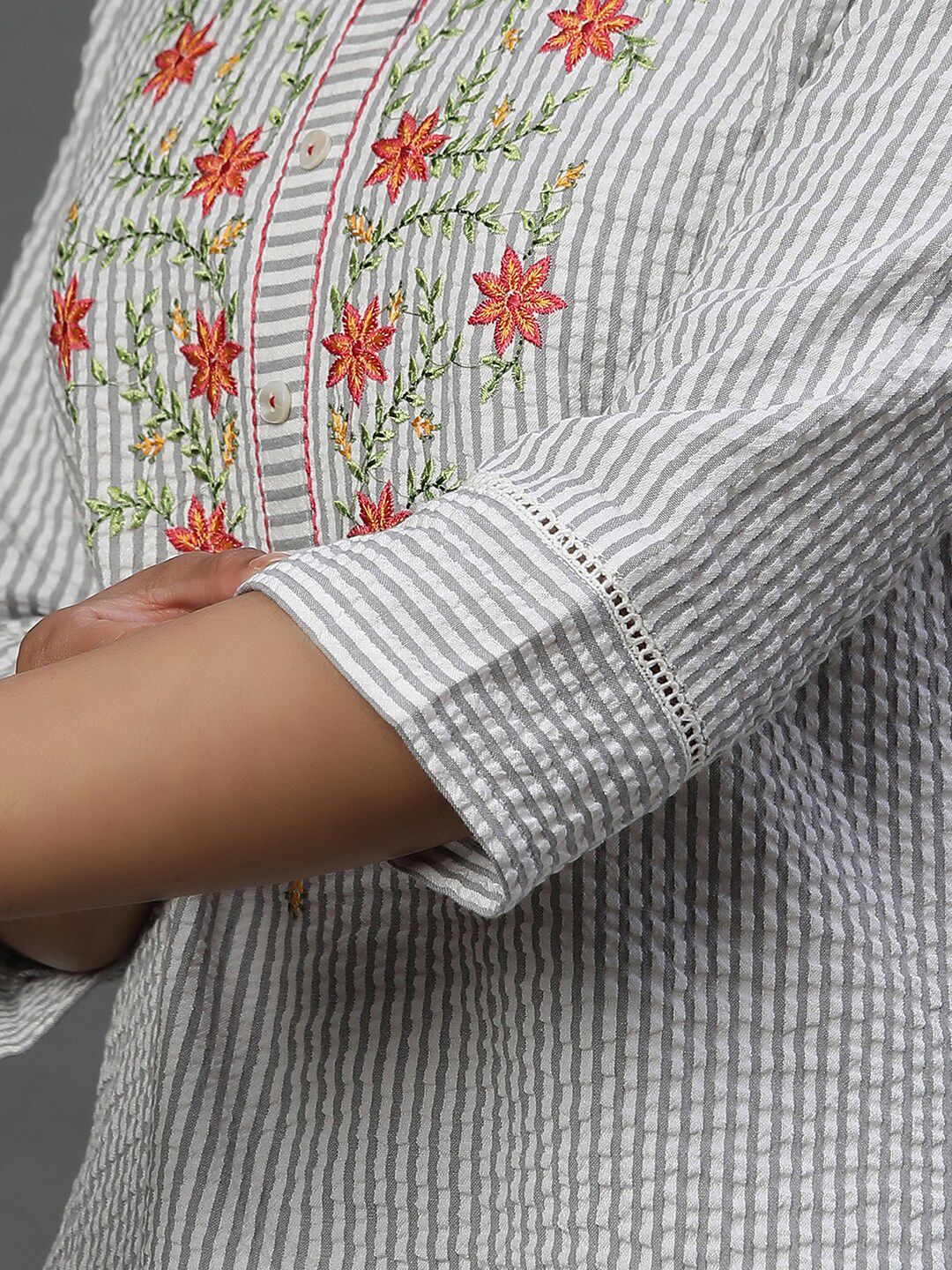 AURELIA Striped Mandarin Collar Thread Work Pure Cotton Kurti