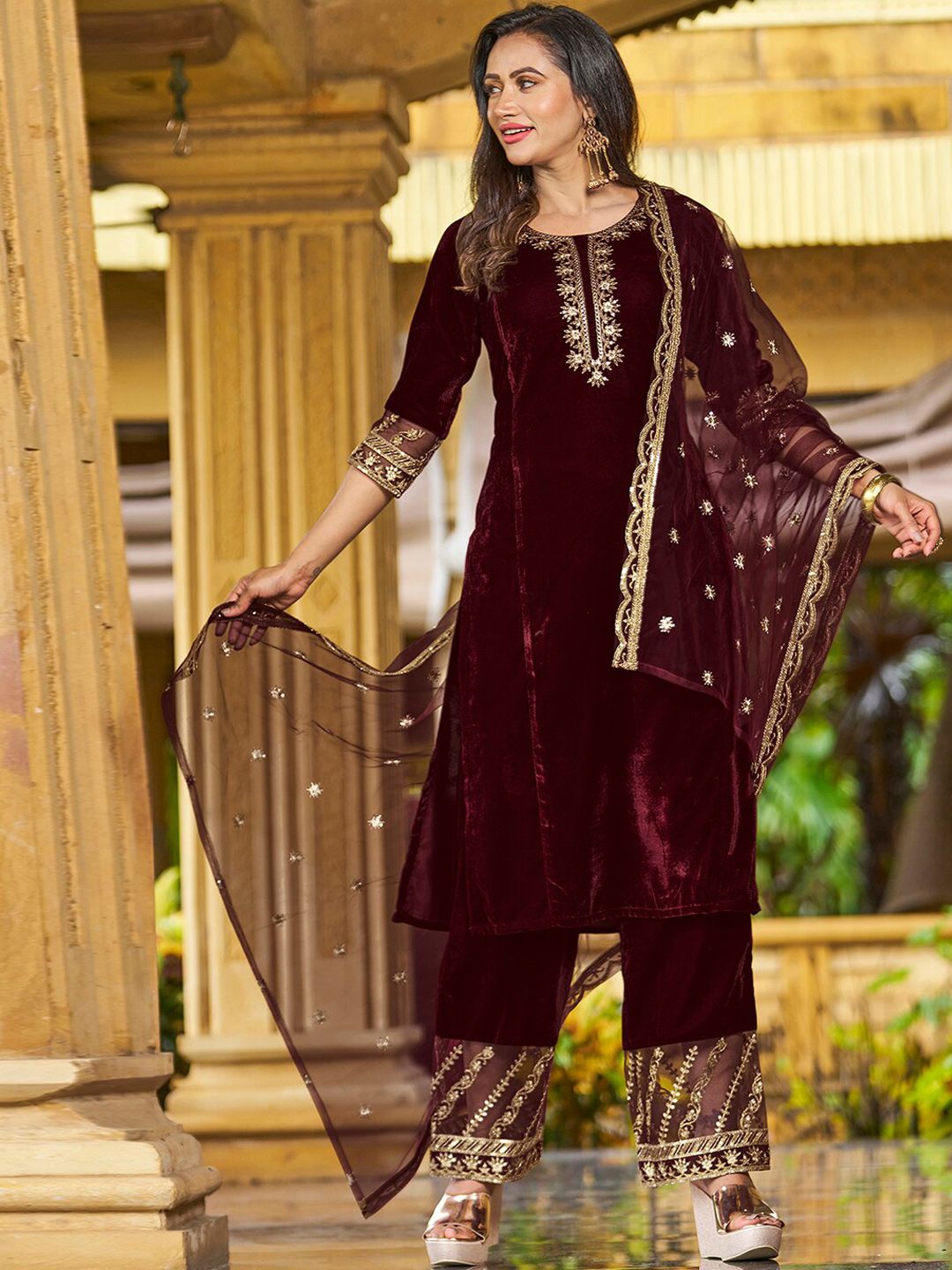 KALINI Ethnic Motifs Embroidered Kurta with Trousers & With Dupatta