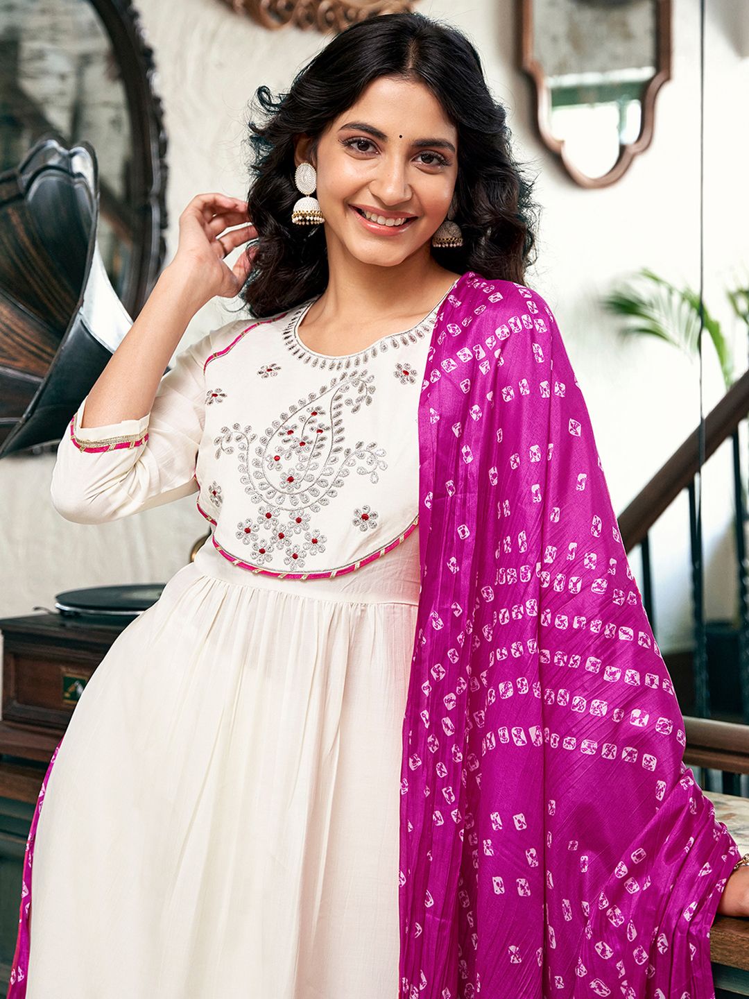 KALINI Paisley Embroidered A-Line Kurta with Trousers & Dupatta