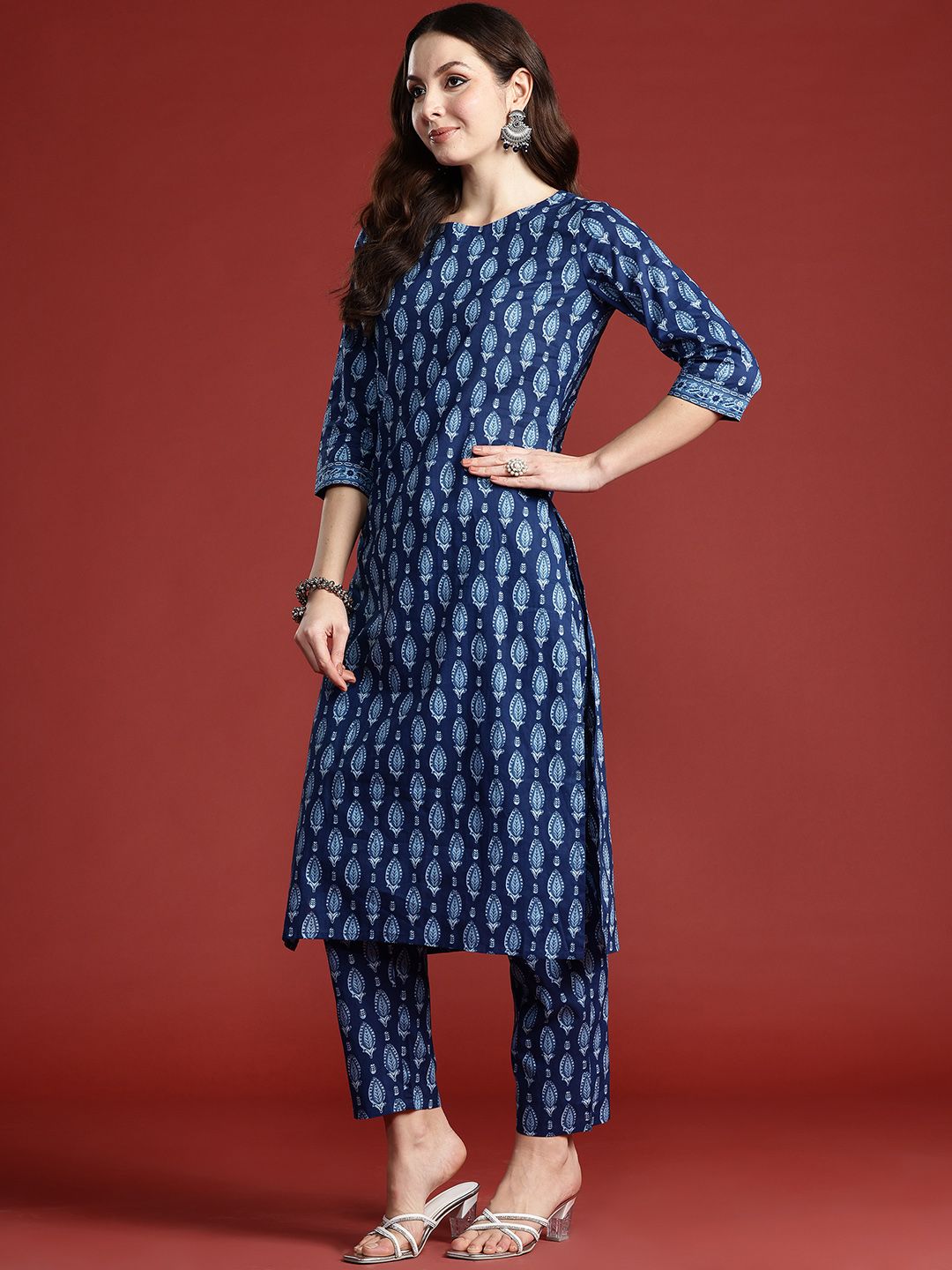 Indo Era Ethnic Motifs Printed Pure Cotton Kurta with Trousers