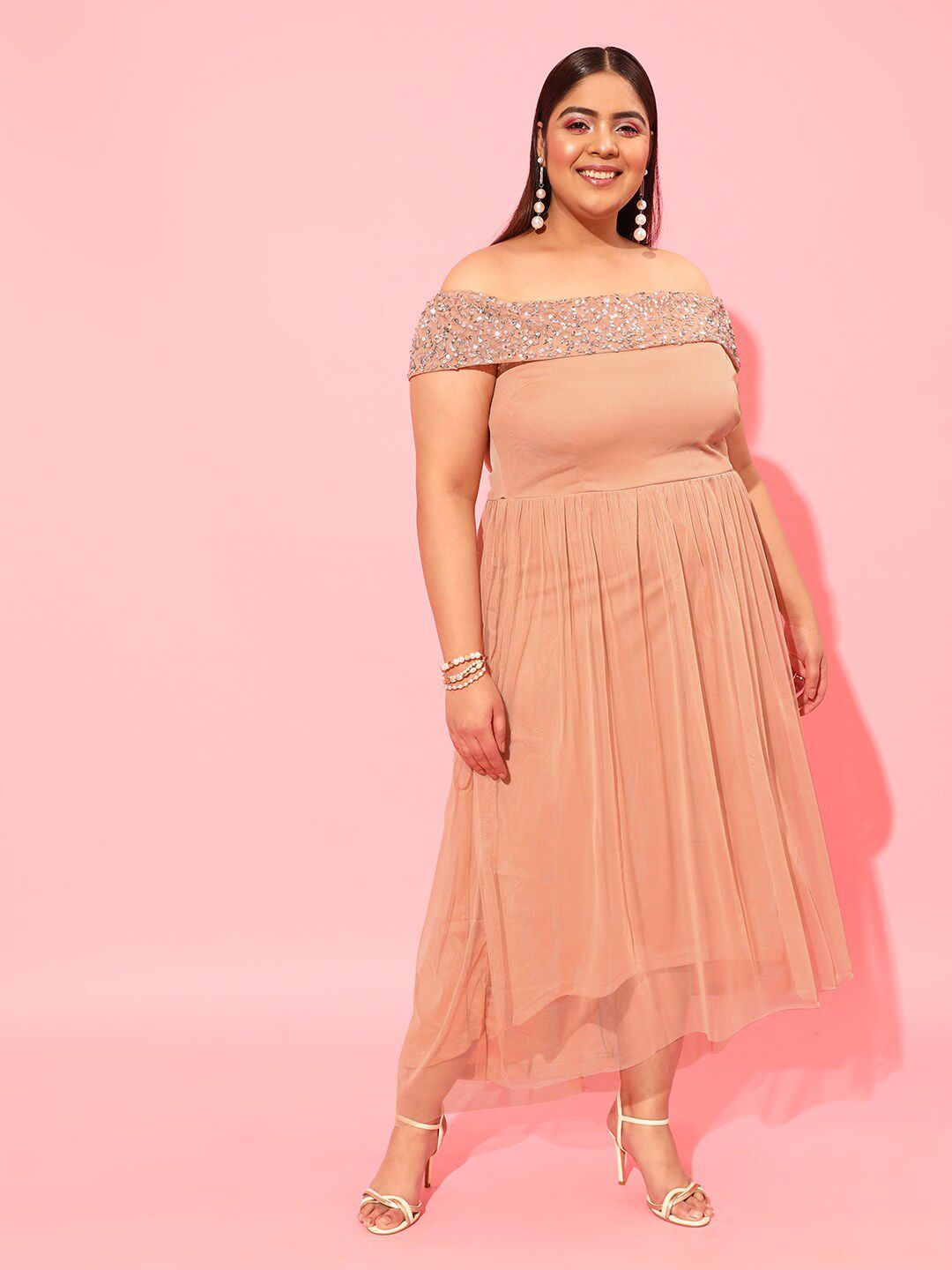 CURVY STREET Peach Plus Size Embellished Net Dress