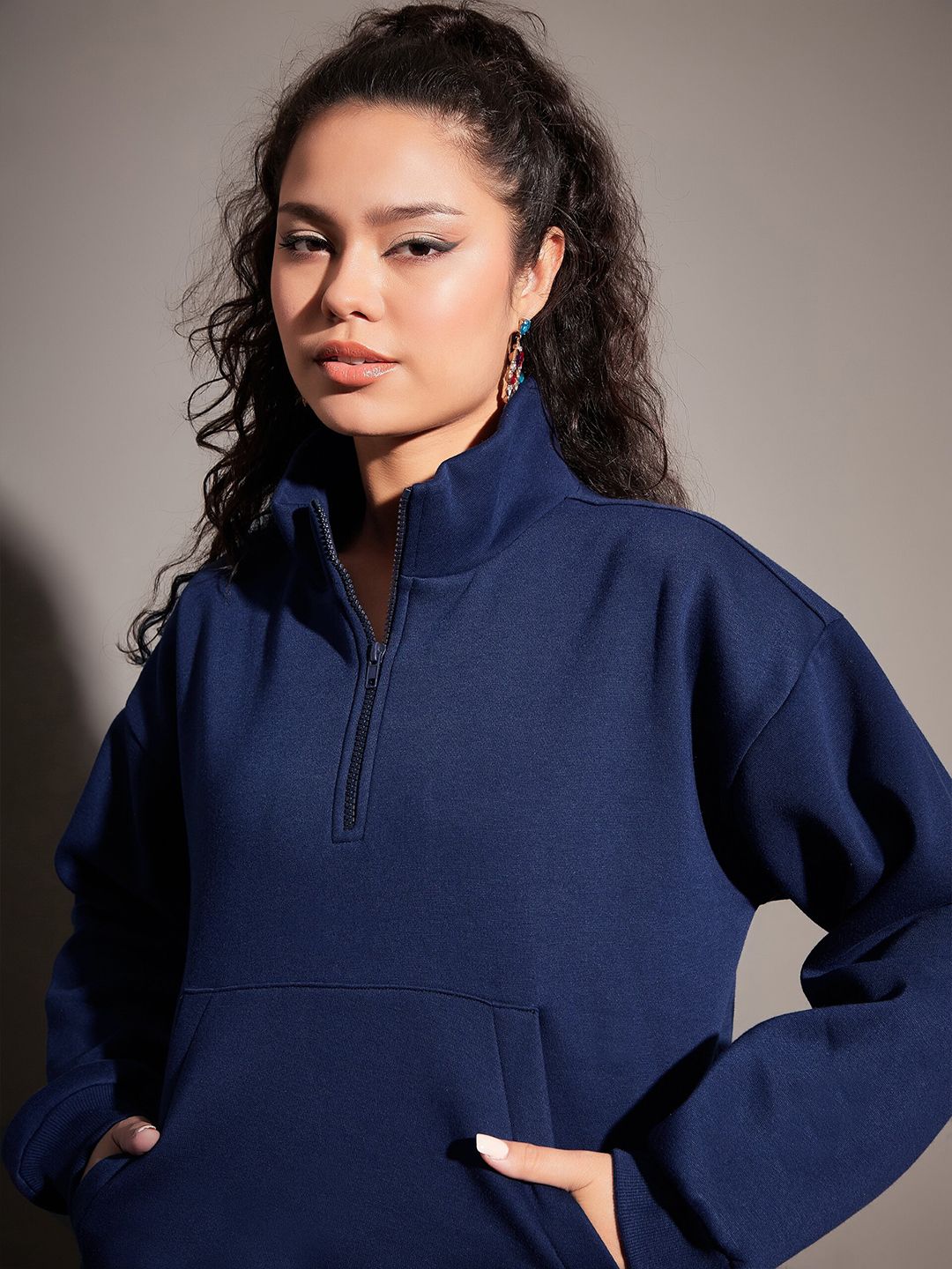 SASSAFRAS Navy Blue Mock Collar Sweatshirt