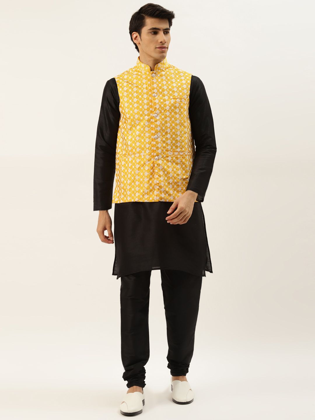 SOJANYA Men Black & Yellow  Jacquard Woven Design Kurta with Churidar & Nehru Jacket