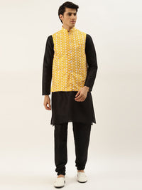 SOJANYA Men Black & Yellow  Jacquard Woven Design Kurta with Churidar & Nehru Jacket