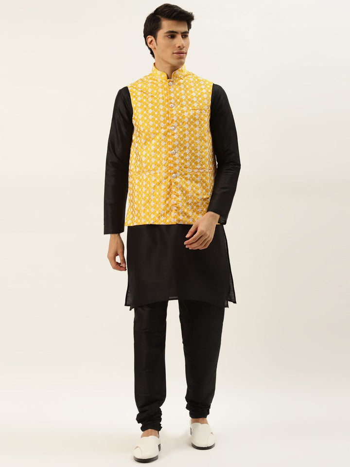 SOJANYA Men Black & Yellow  Jacquard Woven Design Kurta with Churidar & Nehru Jacket