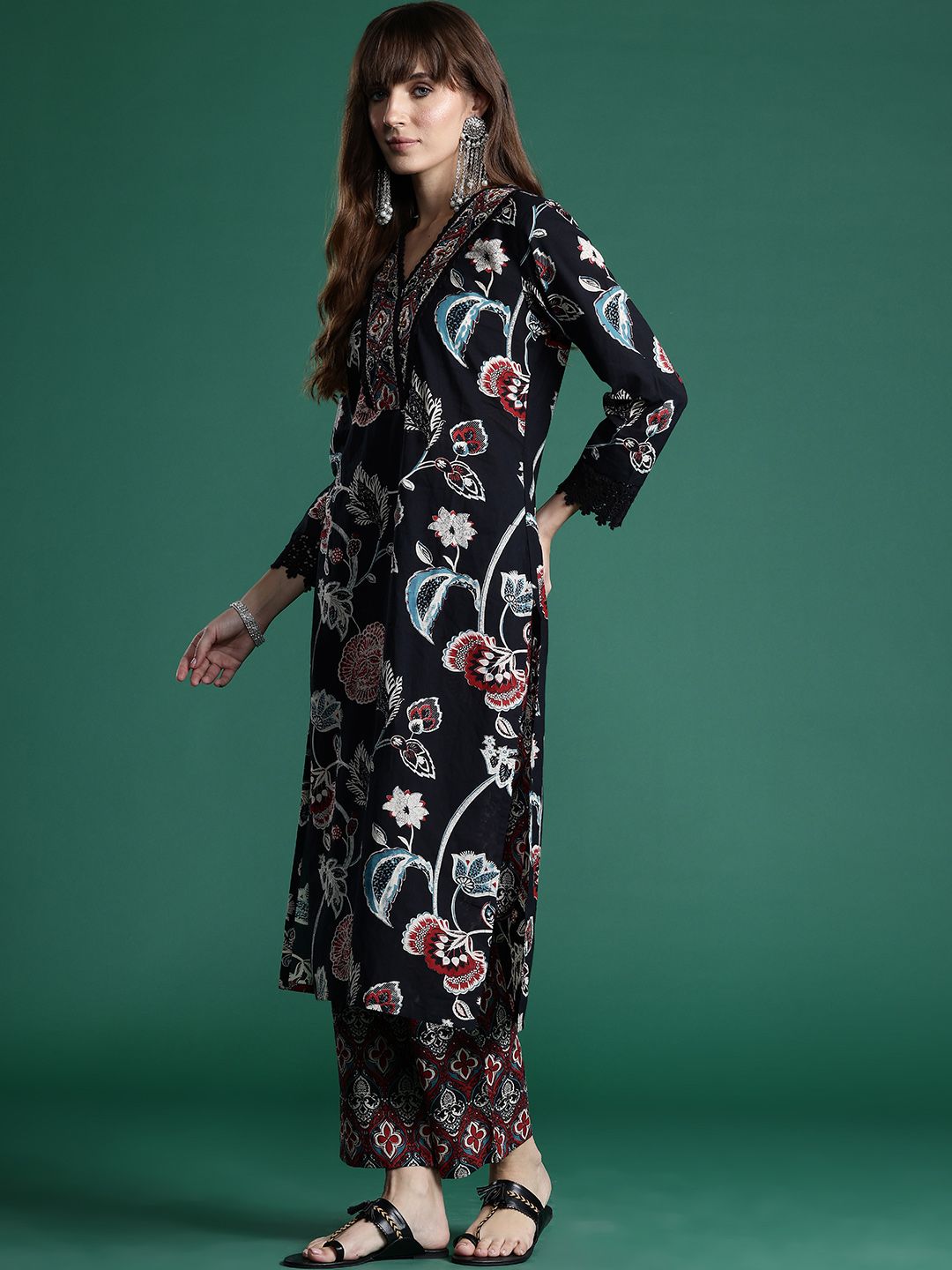 Indo Era Floral Printed Sequinned Pure Cotton Kurta With Trousers & Dupatta